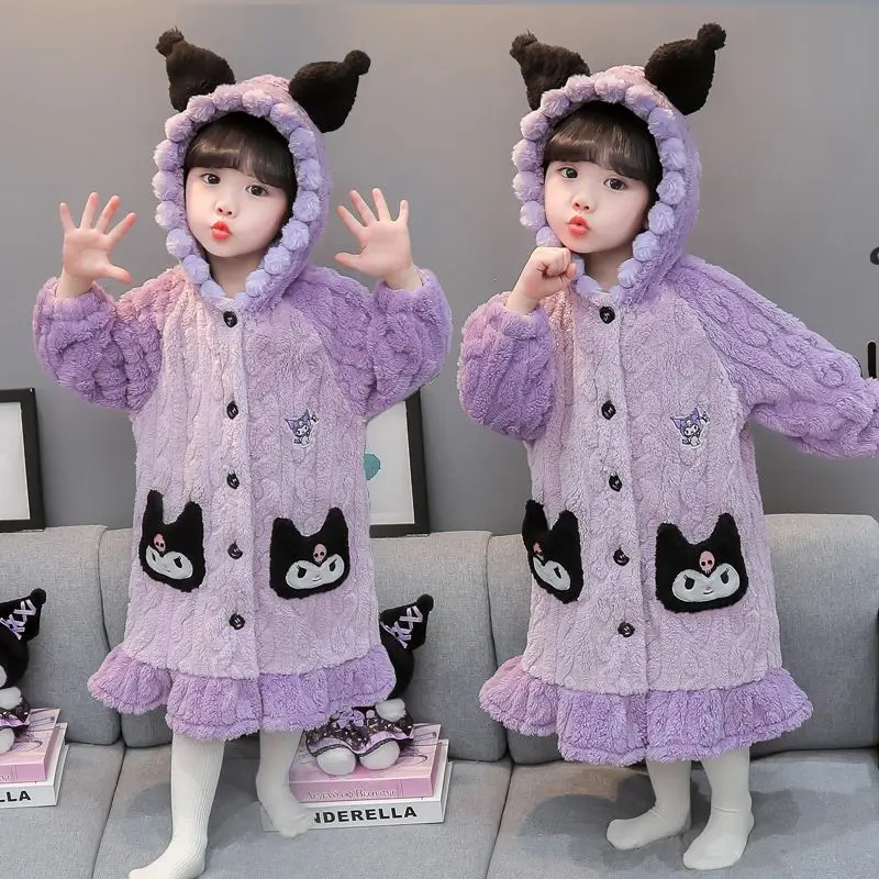 

Kawaii Kuromi Sanrio Long Style Cute Cartoon Bathrobes Children Comfortable Warm Pajamas Coat Students Christmas Gift for Kids