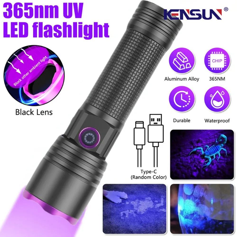 365NM UV Flashlight Black Mirror Purple Light Fluorescent Oil Pollution Detection Type C Rechargeable Use 26650 Battery