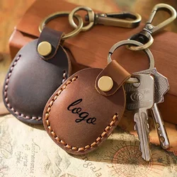Laser Custom LOGO Genuine Crazy Horse Leather Keychain Case for Air Tag Door Card Keyring Personalize Vintage Dermis Key Chain