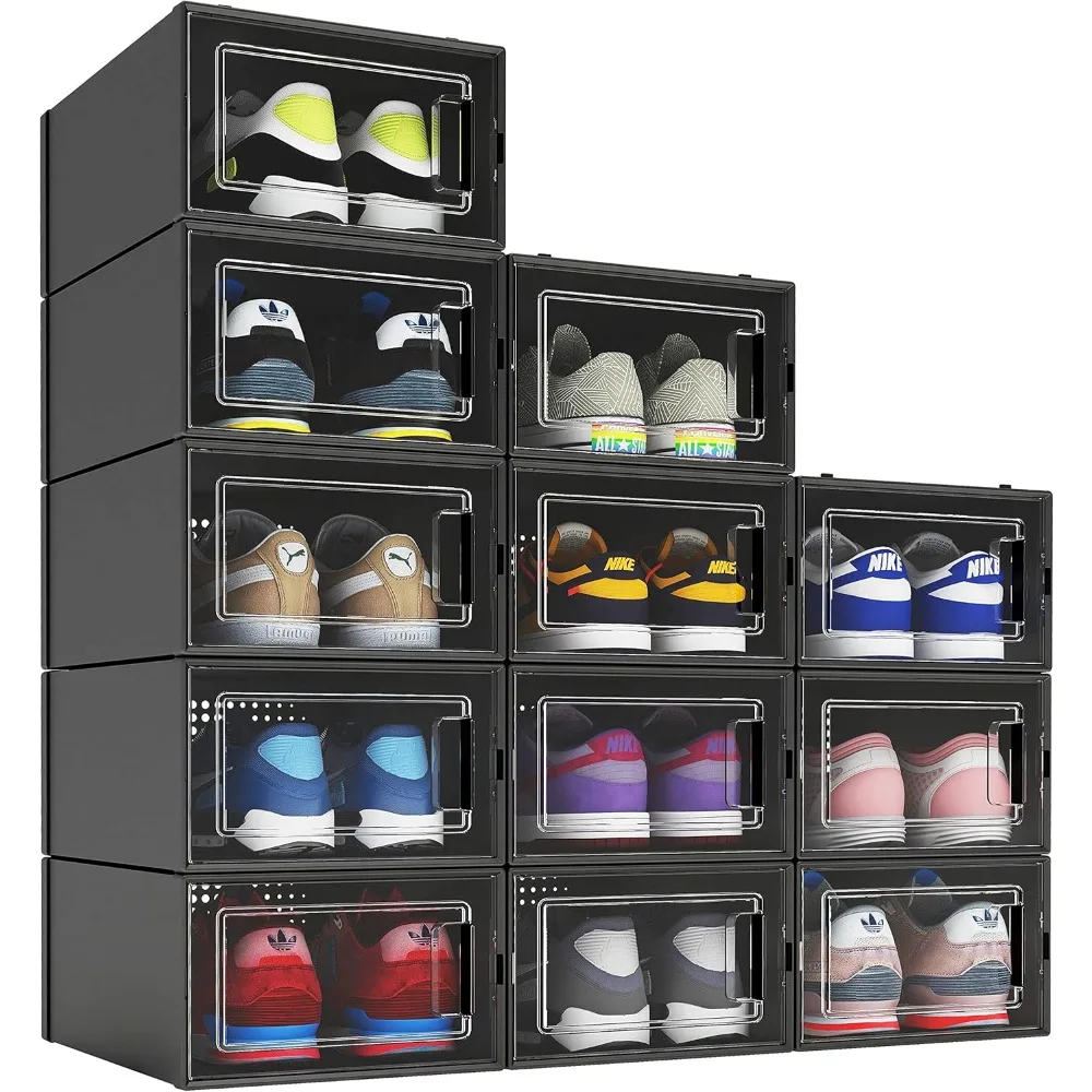 

Black Plastic Stackable Shoe Storage Bins For Closet, Space Saving Shoe Holder Sneaker Display Case