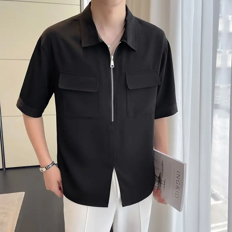 

Luxury Men Half Zipper Shirts Short Sleeve Summer White Shirt Thin T-shirt Big Size Tops Loose Pocket Tees Designer Clothes Men