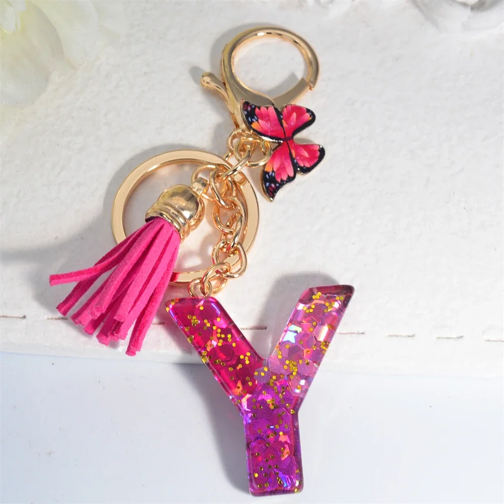 26 Initial Pink Shiny Sequin Resin Keychain A to Z Letter Butterfly Tassel Pendant Keyring for Women Valentine\'s Day Gift
