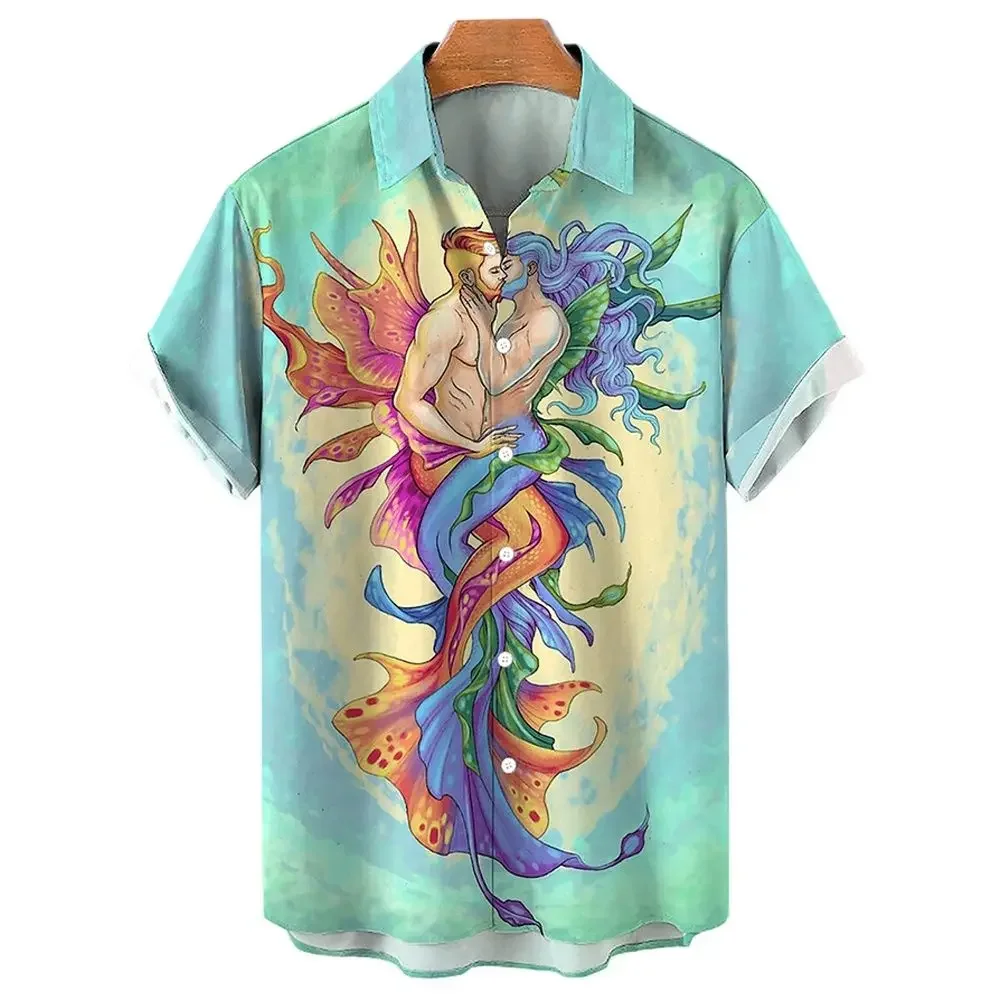 Blouse 2024 New Oversized Shirt Mens Hawaiian Shirts For Men Mermaid Print Beach Short Sleeve Tops Designer Clothes High Quality