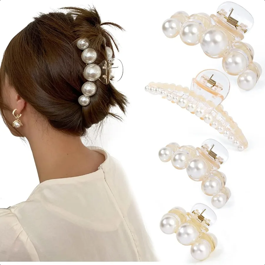 

4 PCS Large Pearl Hair Claw Clips for Women Girls Hair Barrette Clamps for Thick Thin Hair Fashion Hair Accories Headwear Styli