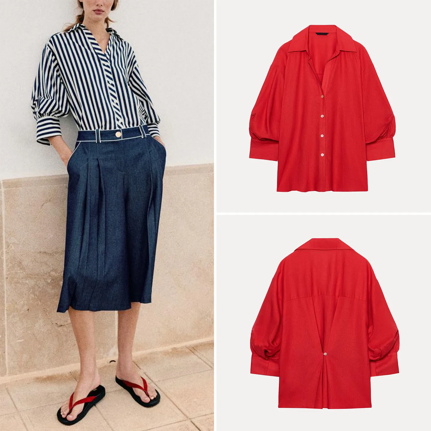 Camisa de Verano 2026 para Mujer, Estilo Casual, Manga Burbuja, Rayas, Cuello en V, Cuello Camisero, Multicolor, Corte Holgado, Manga Tres Cuartos