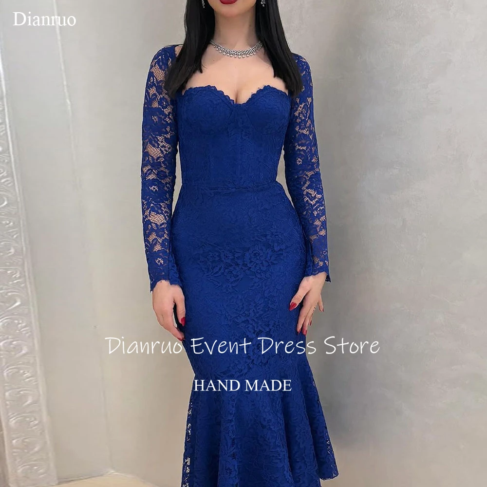 

Dianruo Blue Long Sleeves Evening Dresses Mermaid Appliques Vestidos De Fiesta Sweethear Lace Saudi Arabric Prom Gown Customized