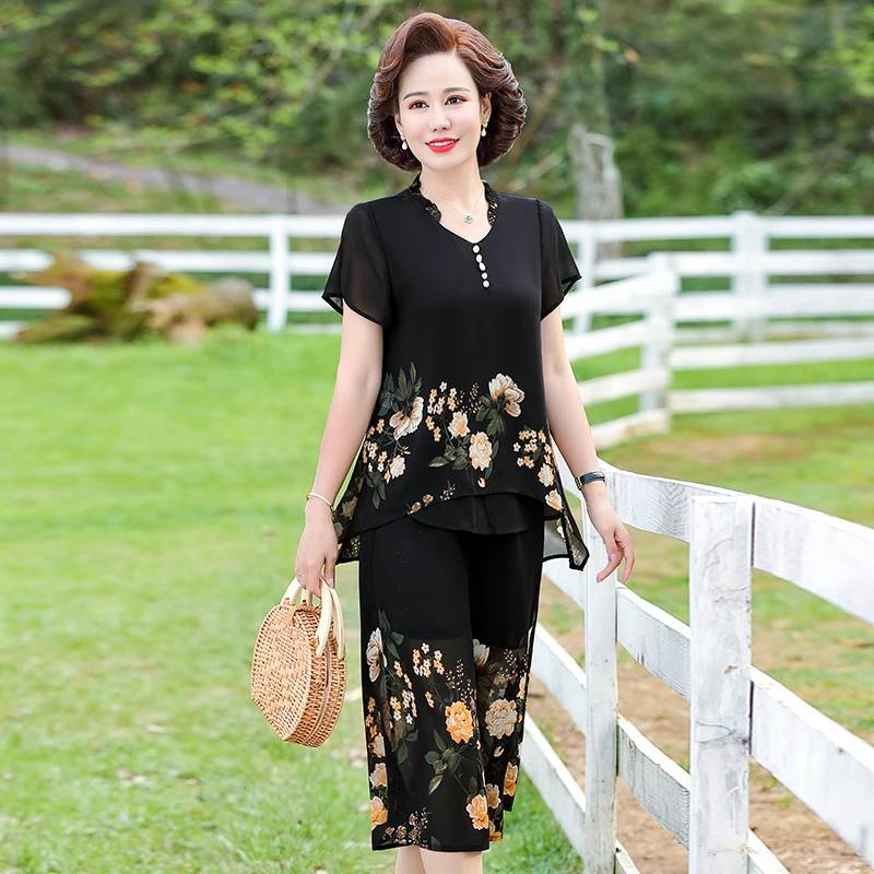 Elegant floral Middle-aged Womens Summer Suits Short Sleeve Chiffon T-shirt Top &Wide-leg Pants 2 Pcs Sets 5XL