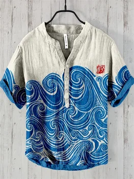 メンズレトロ半袖シャツ,100% リネン,ゆったりとしたビーチトップ,ヒップホップファッション,フレッシュなバケーション,クロスボーダー,ストリートファッション