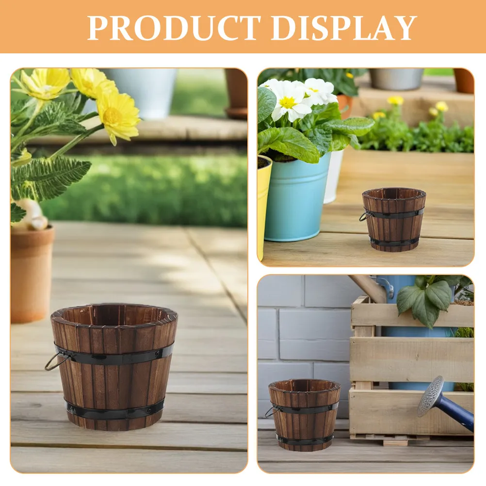 2Pcs Wood Planters Small Whiskey Barrel Flower Pots Brown Rustic Wood Barrel Container Outdoor Indoor Garden