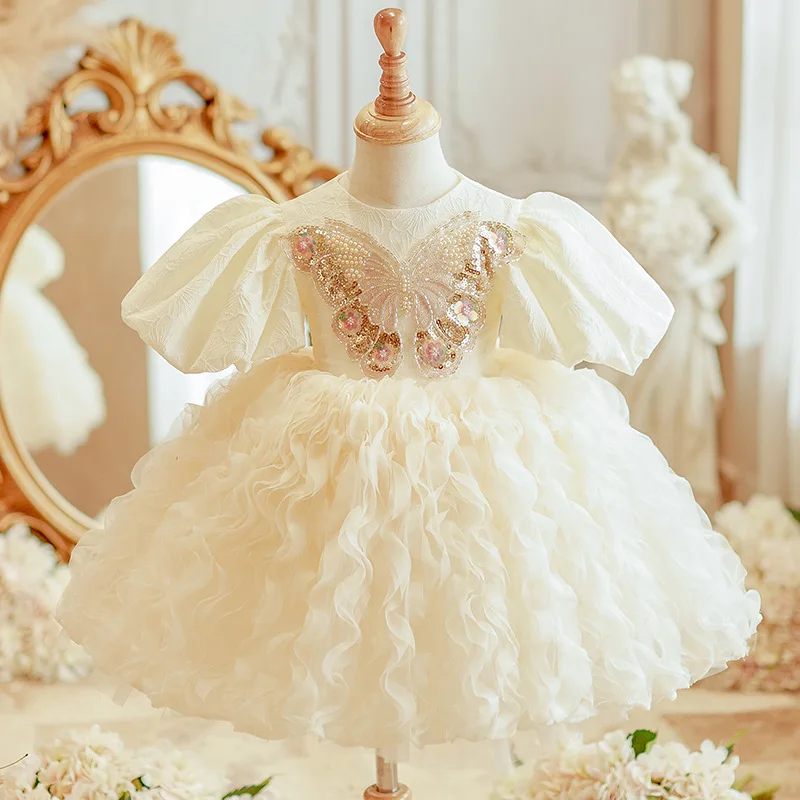 New Sequin Children's Flower Girl Dress Tulle Butterfly Attends Party Wedding Celebration Birthday First Communion Prom Dress