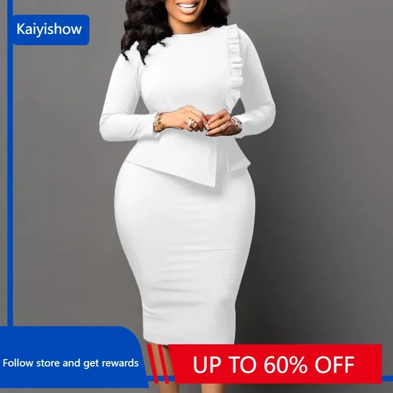 

Fashion Office OL Formal Dress Women's 2023 new in Round neck Ruffle Hip Wrap Business Party Midi Pencil Dresses Africa Women