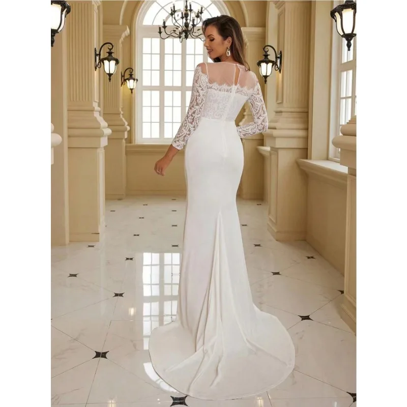 2025 Elegant Women Corset Mermaid Wedding Party Floor Length Dress Sexy Long Sleeve Lace Hollow Out Guest Evening Dress Gown