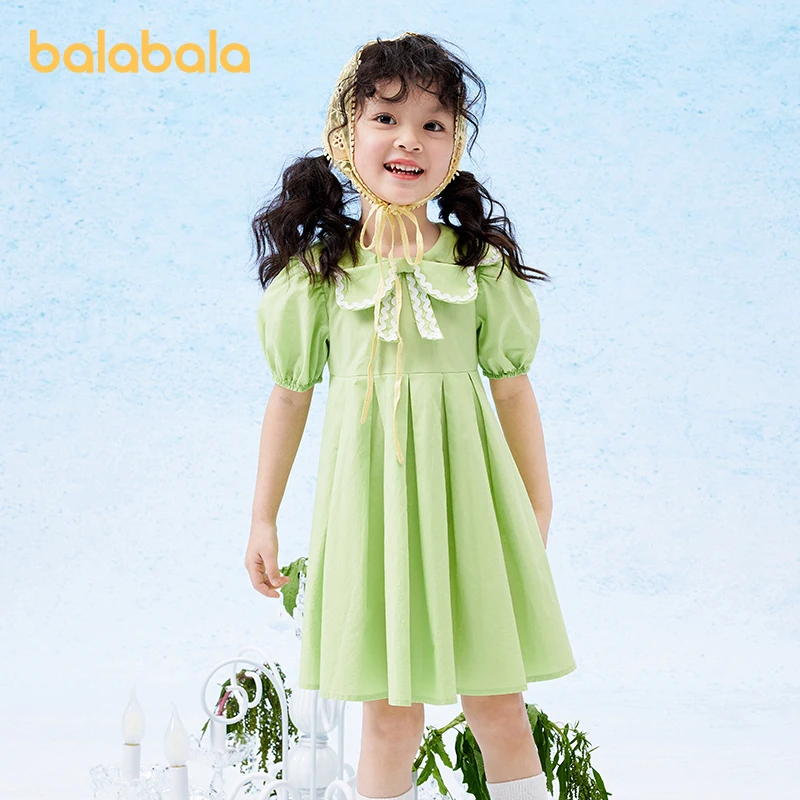 Balabala Children Wear Girls Princess Dress 2024 Summer New Children A-line Dress Stylish Sweet Pure Cotton