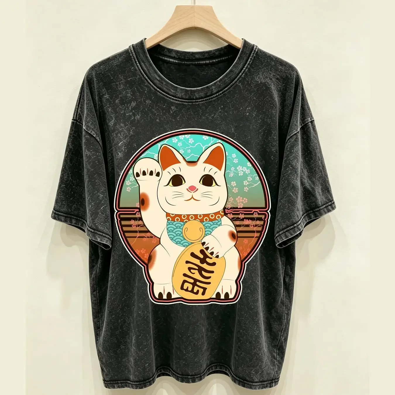 washed T Shirt Vintage Japanese Maneki Neko Lucky Cat vintage Washed designer clothes Breathable Stylish graphic fashion
