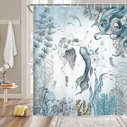 Mermaid Shower Curtain Sea Ocean Octopus Coral Reef Fish Seashell Jellyfish Theme Fabric Bath Curtain Sea Ocean Bathroom Curtain