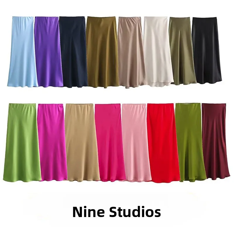 

NINE ZAR Women's Long Silk Satin Feel Skirt A-Line Polyester Fabric Premium Quali Ladies Skirts Chinese Design 2024 Autumn ...