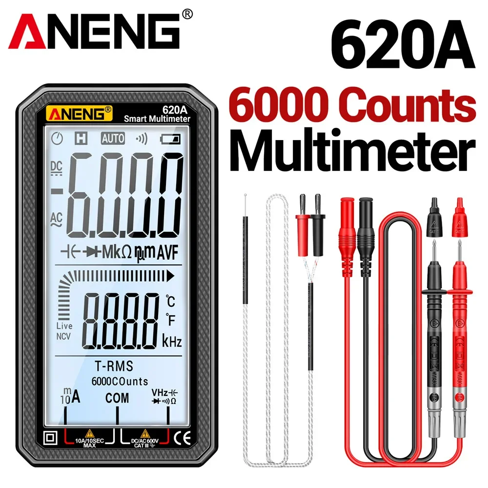 

ANENG 620A Digital Multimeter 6000 Counts True RMS Auto Electrical Capacitance Transistor NCV Temp Resistance Tester