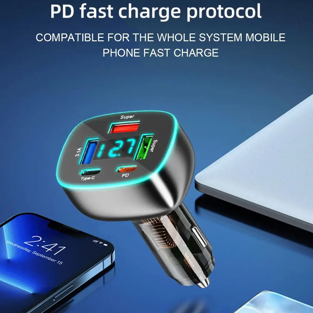 Multiport USB Car Charger Ultra Fast PD Fast Charging Intelligent Digital Display Adopts High Quality Fireproof Material Shell