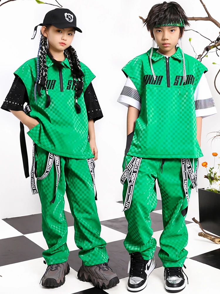 Verde Plaid gilet pantaloni bambini Hip Hop Costume ragazze ragazzi Street Dance vestiti estate allentato abbigliamento Casual moderno Rave vestiti BL8127