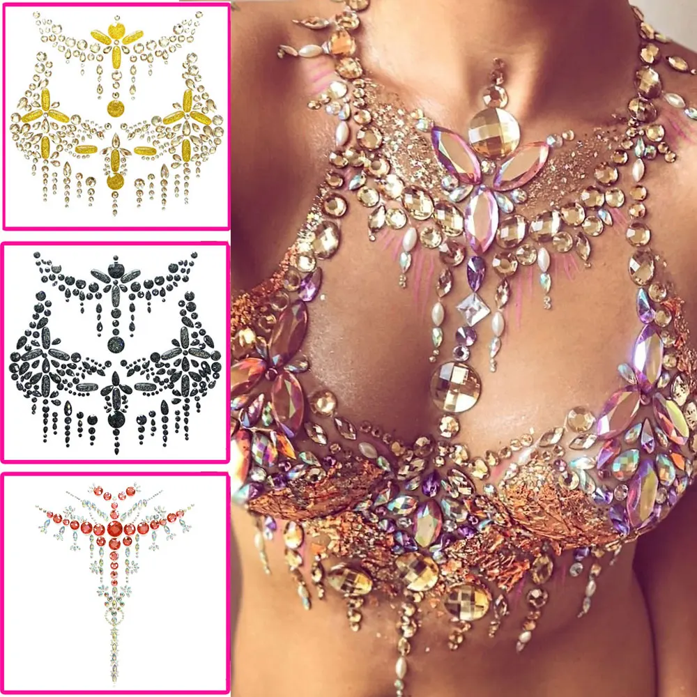 3D Sexy Chest Tattoo Sticker Jewel temporaneo Fake Tattoo Face Party Stage Body Art Tattoo Decoration Makeup Woman Flash