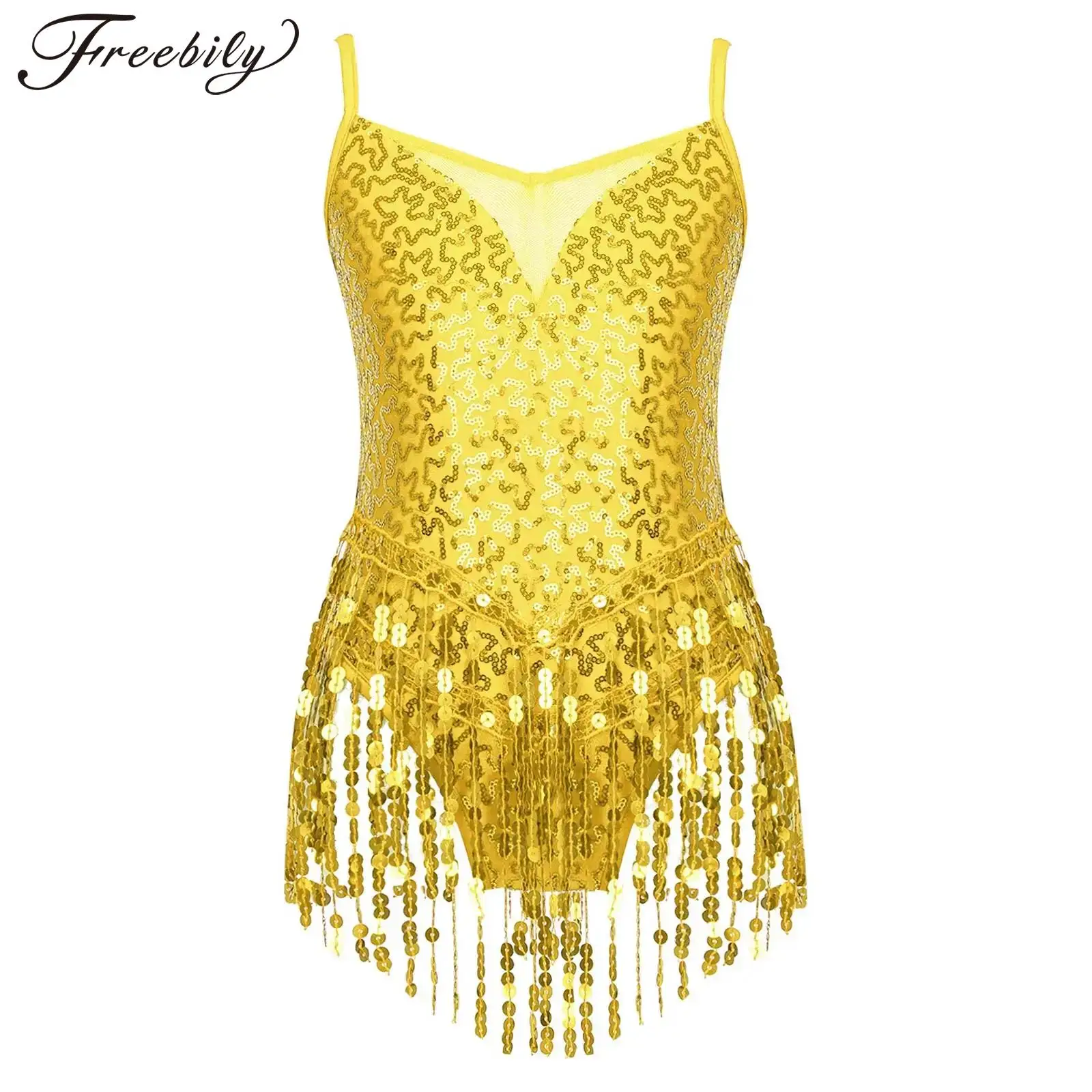 

Kids Girls Latin Dance Dress Shiny Sequins Mesh Patchwork Tassel Hem Rumba Samba Salsa Jazz Dance Leotard Dresses Dancewear