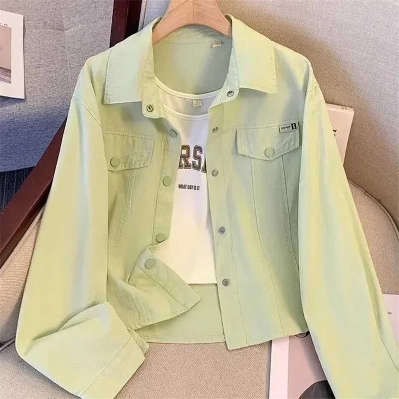 

Spring short fresh shirt jacket for women, versatile, short, long sleeved cardigan top