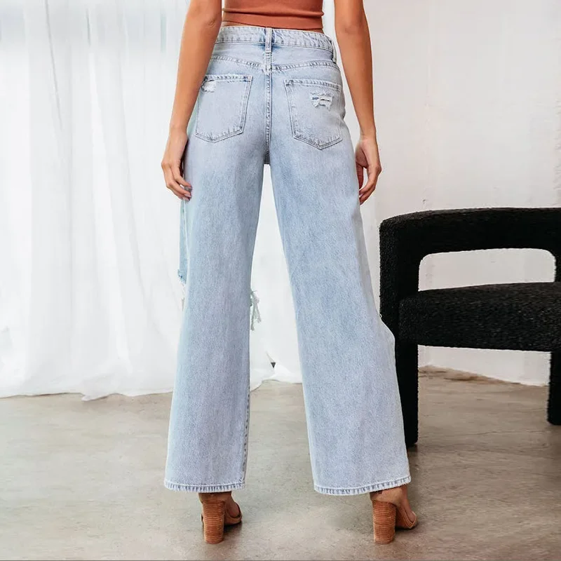 Europe and The United States Knee Broken Hole Jeans,women's High Waist Long Wide Leg Pants Light Washed Casual Loose Jeans Women