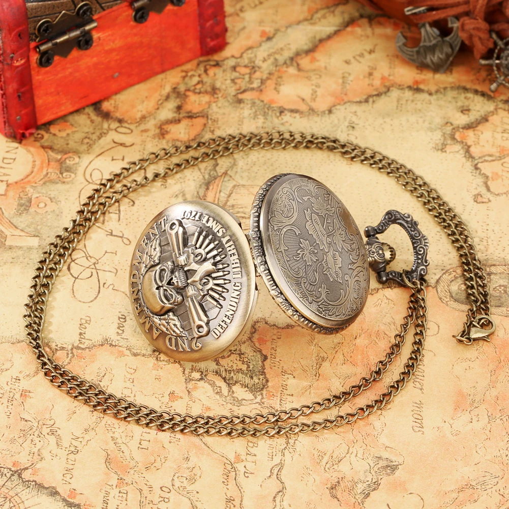 Heren Horloge Retro Pistool Schedel Verdedigen Vrijheid Sinds 1791 2e Amendement Militaire Quartz Ketting Ketting Hanger Ketting Ketting Ketting Zakhorloge