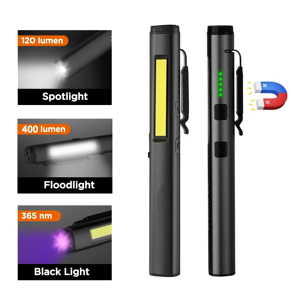 

SUPERFIRE Multifunctional 4 in 1 Mini LED Flashlight USB Rechargeable Pen Clip Torchlight 365nm UV Light COB Camping Work Repair