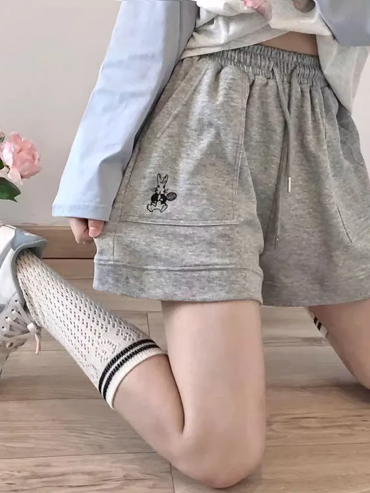 

High Waist Loose Fit Slimming Hot Pants Embroidered Rabbit Pure Color Versatile Five-Quarter Wide Leg Casual Sport Shorts