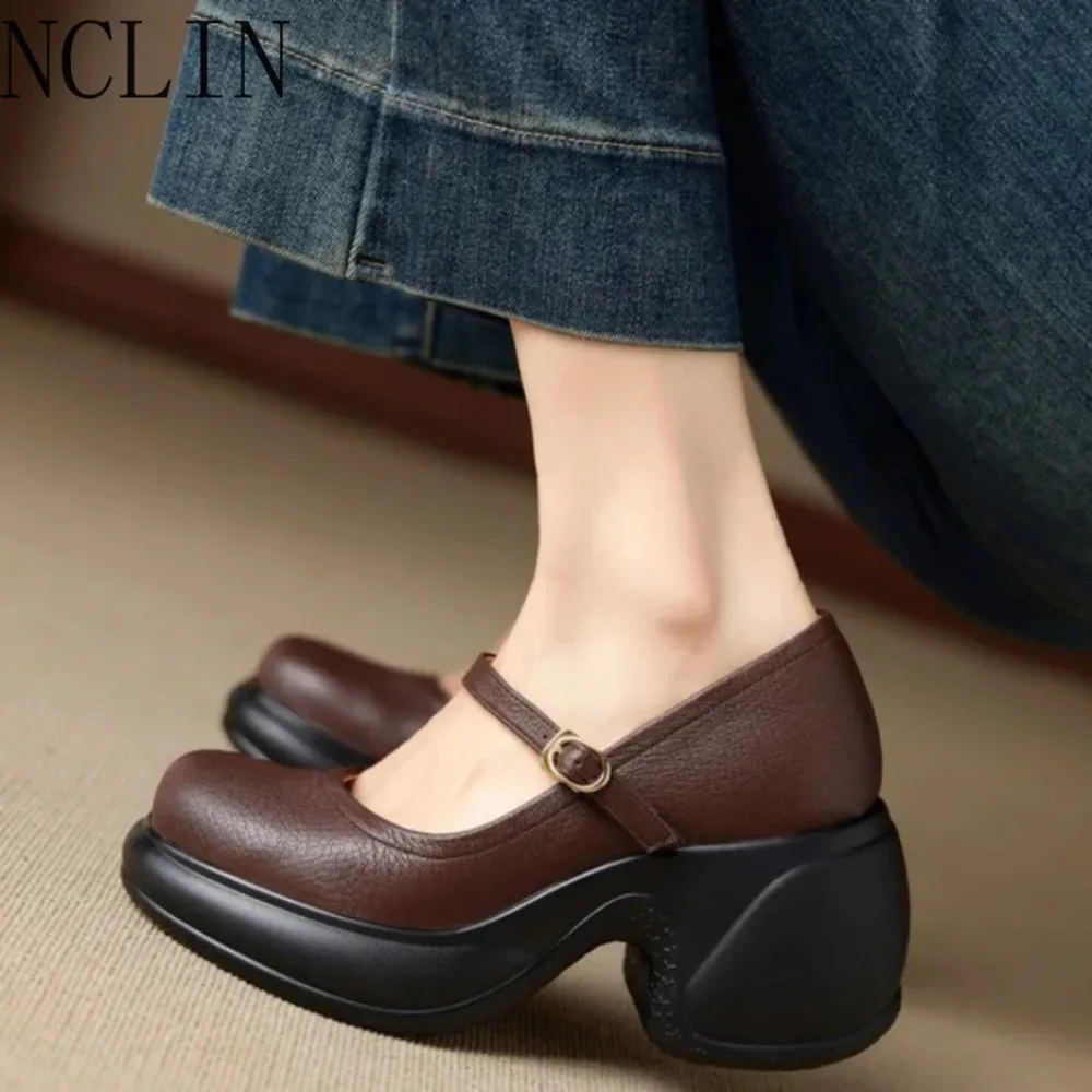 Women's Genuine Leather Mary Jane Block Heel Pumps - Classic Round Toe Ankle Strap Comfortable Walking Shoes