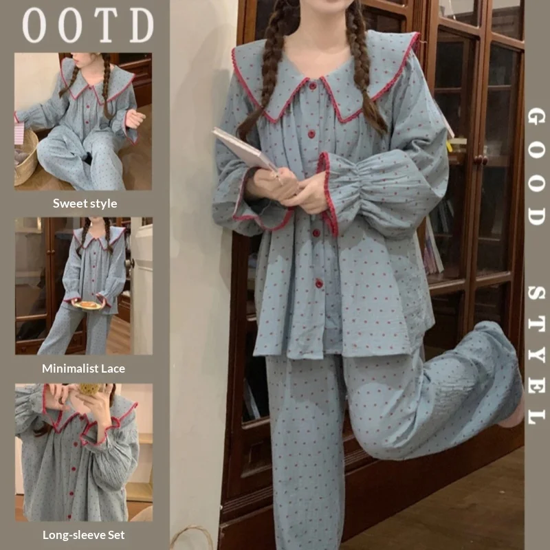 

Cloud Cotton Women's Pajamas Spring and Autumn New Korean Style Sweet Blue Polka Dot Long Sleeve Top and Pants Homewear Set