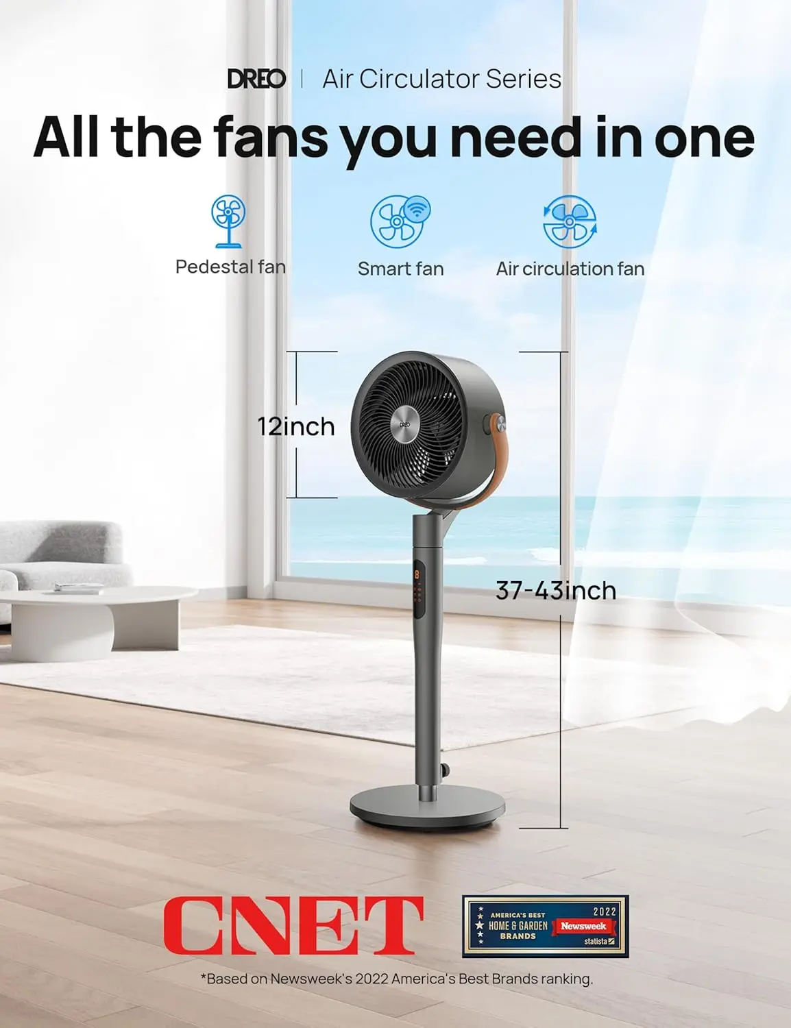 For Bedroom, Standing Fan for Home, 120°+105° Smart Oscillating Pedestal Fans with Wi-Fi/Voice Control, 100ft Quiet Circulator F