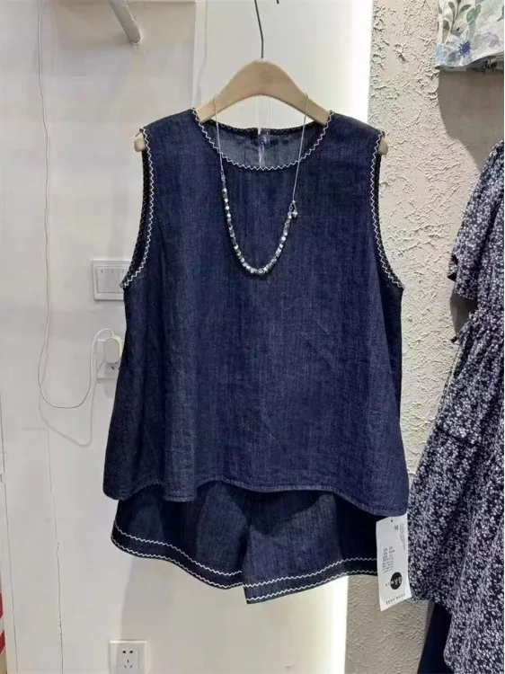 Faionable Embroidered Denim Set Casual High Waist Wide Leg ort Pants round Ne Svel Two-Piece Suit for Women 25-35...