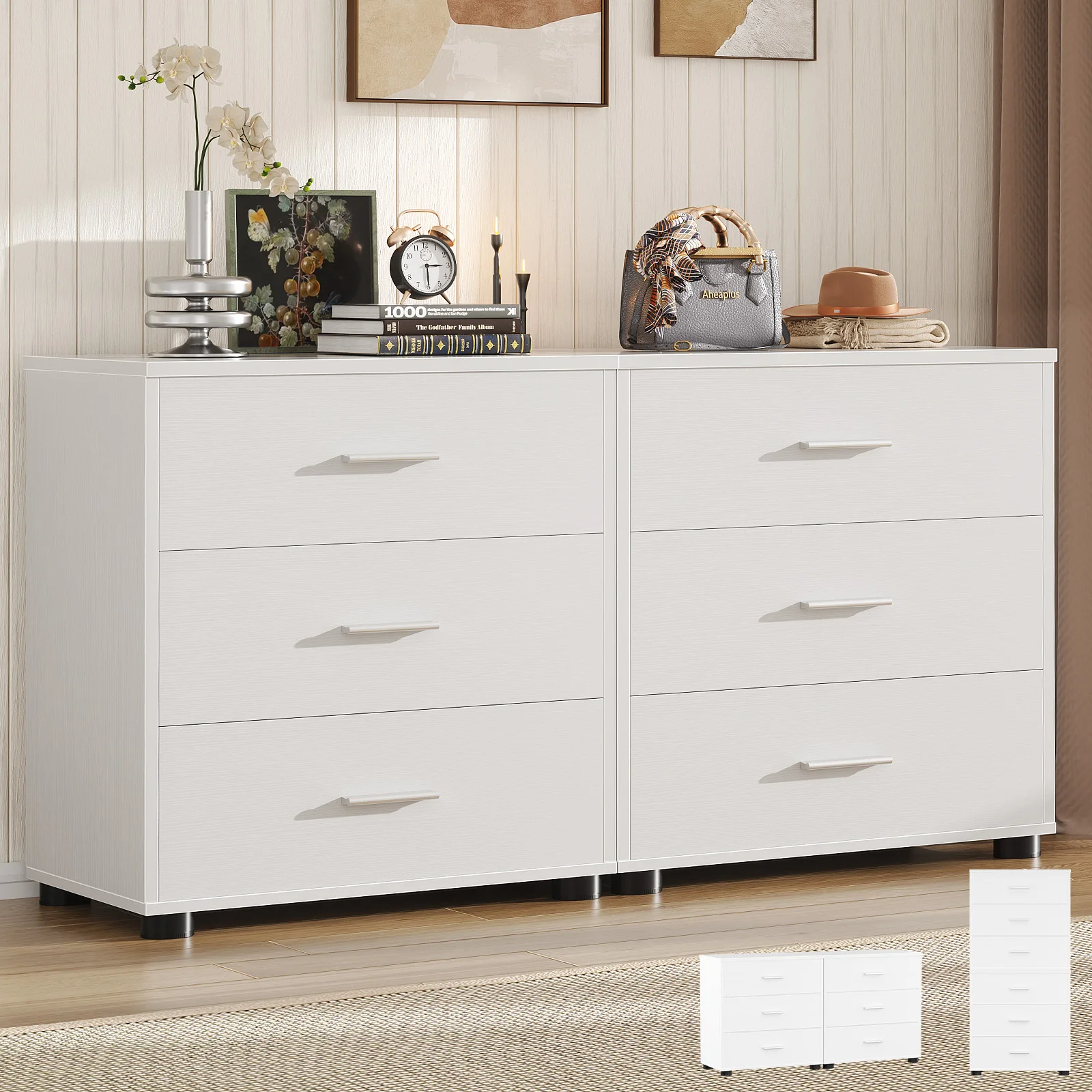 Aheaplus 3-Drawer Wooden Storage Cabinet 2-Pack, Stackable Closet Organizer with Deep Drawers, Nightstand & Bedside Table for Bedroom, Home Office, Entryway – White