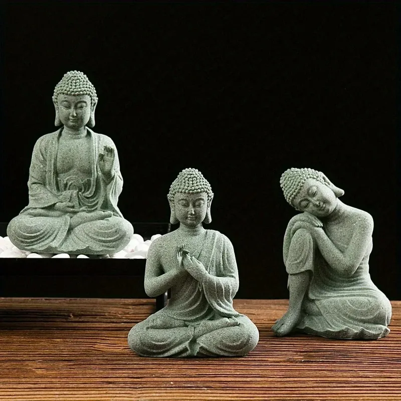 Zen Buddha Statue Ornaments Fish Tank Rockery Bonsai Flowing Water Figure Micro Landscape Decoration Green Sandstone Small Craft