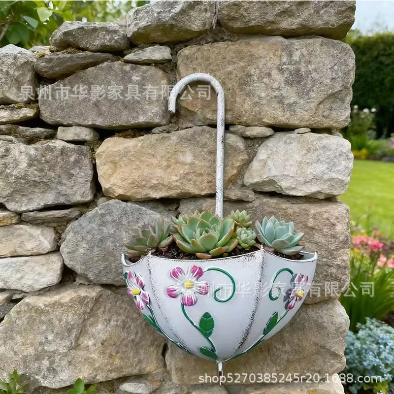 For European Umbrella Shape Wall Mounted Flower Basket Wrought Iron Decorative Plant Pot Metal Hanging Planter Wall