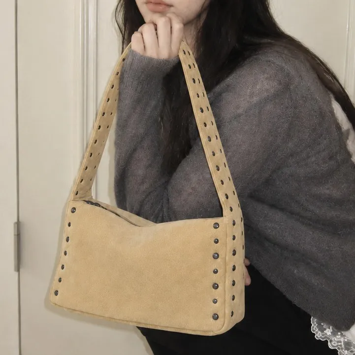 Faux Suede Women Armpit bag large capacity Soft female shoulder bag Motorcycle rivets ladies handbag Casual Shopping, Dating