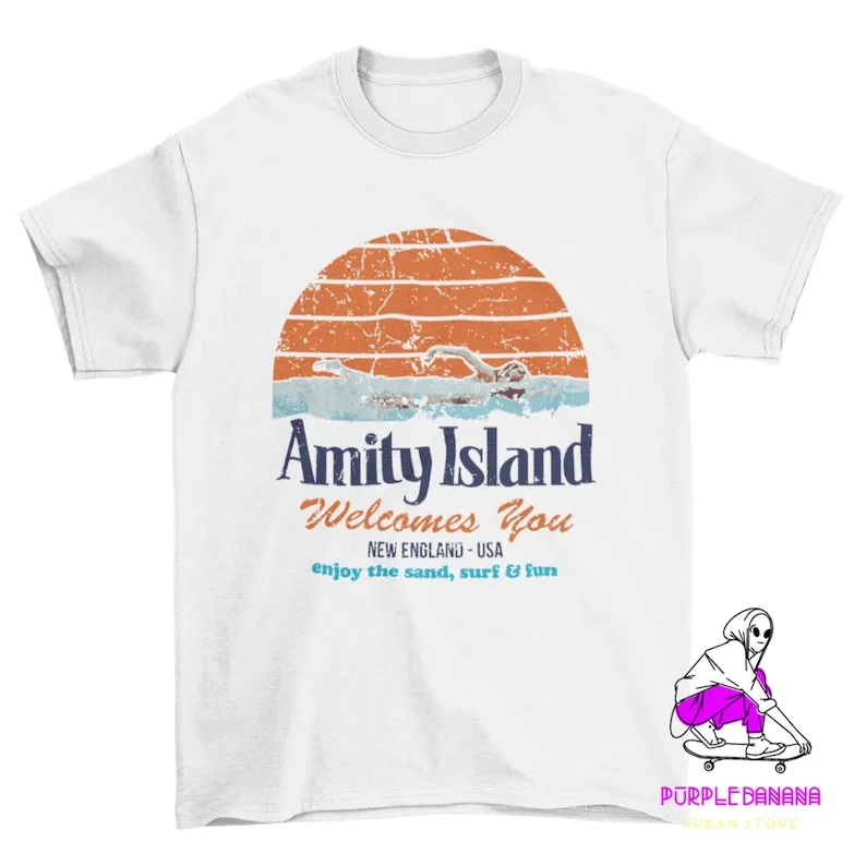 

Amity Island T shirt 70s Retro Movies Sharks Jaws Fashion Top tee T Shirt Short Sleeve Cotton Men's Crew Neck Printed Tee