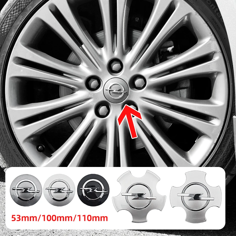 Conjunto de 4 peças de tampas de centro de roda de 53mm/100mm/110mm com emblema, acessórios para Opel Insignia, Corsa, Antara, Astra, Zafira, Omega, Vectra.