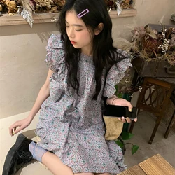 MEXZT Floral Mini Dress Women Sweet Print Flying Sleeve A Line Dresses Summer Korean Streetwear Ruffles Chic Casual Vestidos New