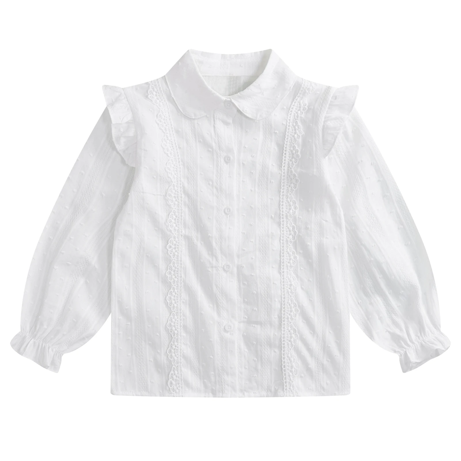 

Kids Girls Cotton Shirts Spring Autumn Cute Lace Trim Collar Solid Color Puff Sleeve Bowknot Blouse Tops Casual School Uniform