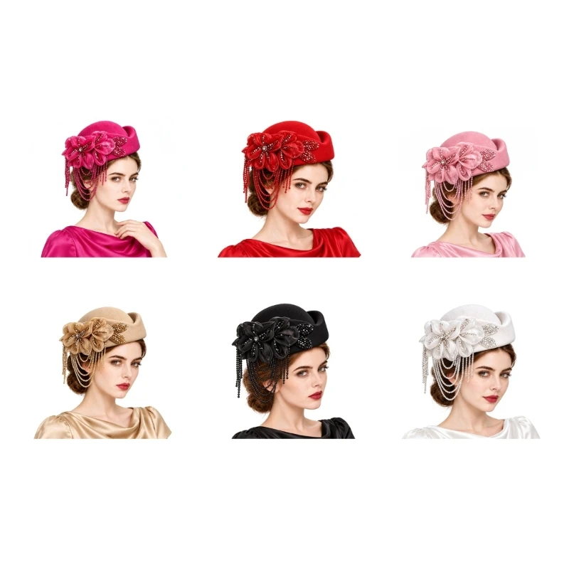 Formal Hat with Cascading Decorative Strands and Flower Accents for Church Ceremonies and Party Styling D0UB