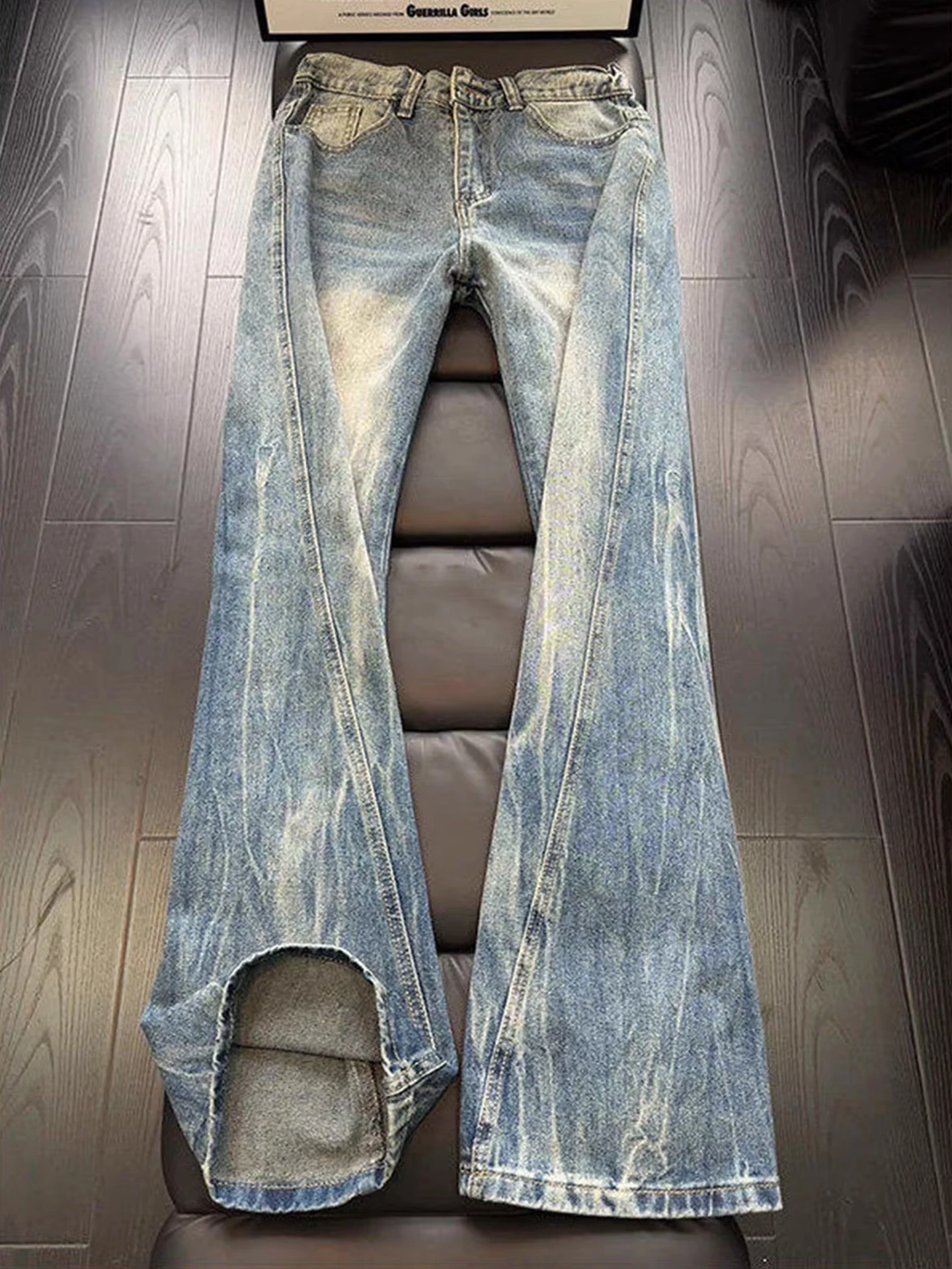 

Slim Fit Straight Leg Jeans Men's American High Street Vibe Knife Sla Design Lightning Pattern Casual Cotton Jeans