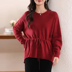 Women's Clothing Sales With Drawstring Women's Sweater 100% Wool Loose Soft O-neck Knitted Pullovers Design Wool Sweaters