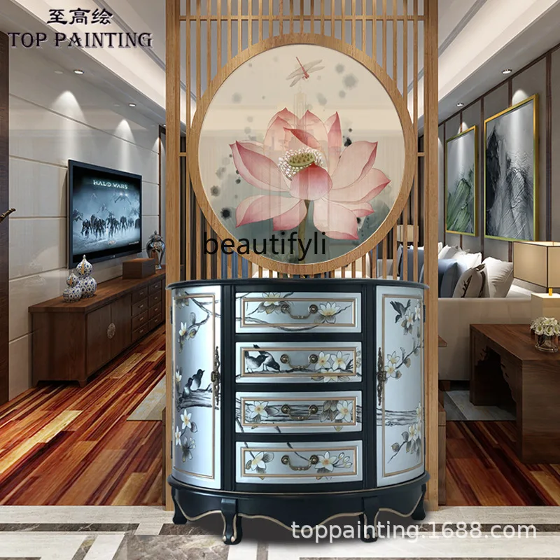 

New Chinese Style Entrance Cabinet Semi-Circular Solid Wood Painted Classical Decorative Partition Cabinet