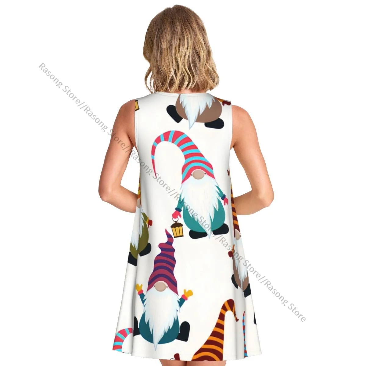 Vestido de mujer, Navidad, divertidos gnomos, Navidad escandinava, cuello redondo, vestido largo sin mangas