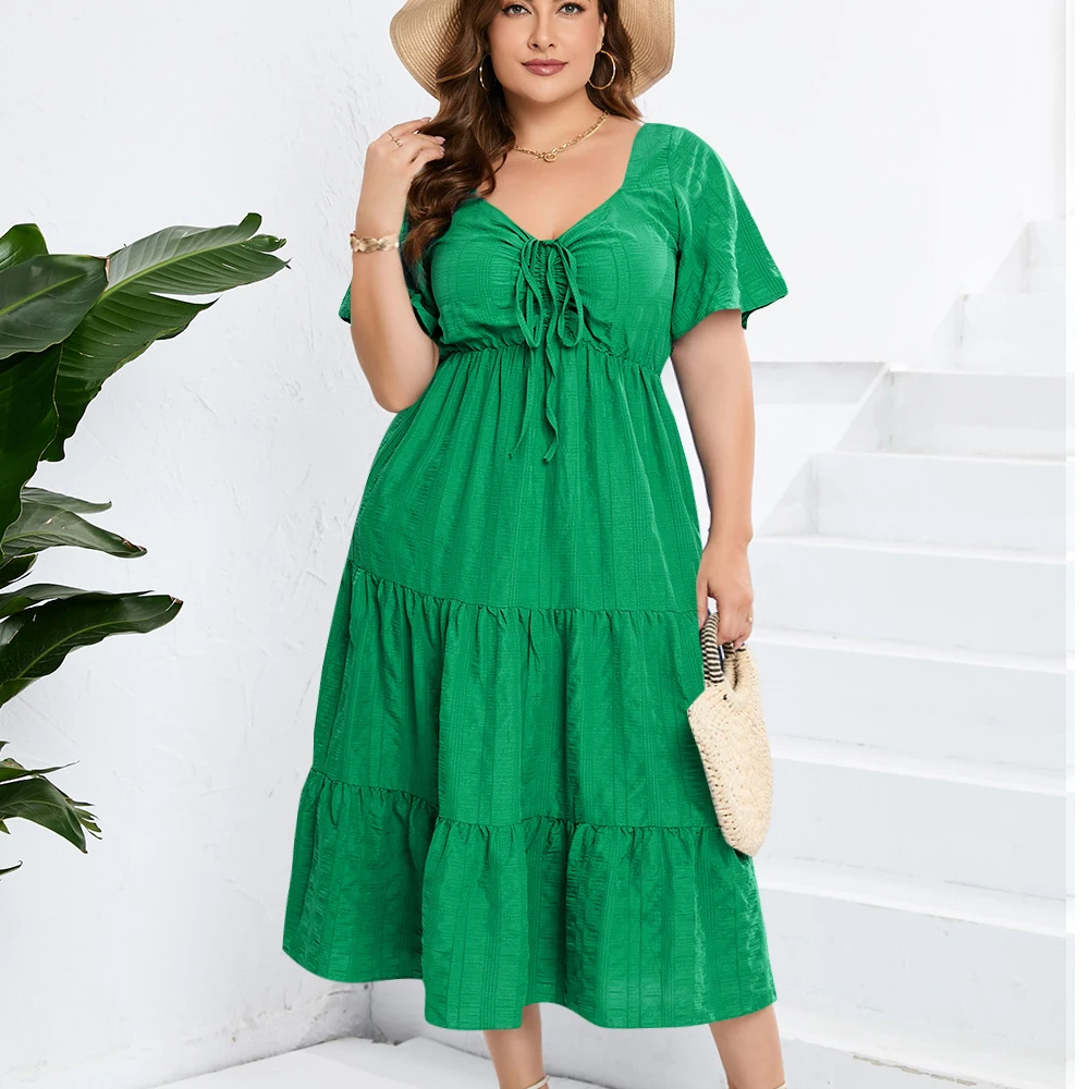 Plus Size Dress For Women Summer Long Dress Short Sleeve Dress High Waist Sexy V Neck Elegant Chic Streetwear Clothing Ladies - Image 3