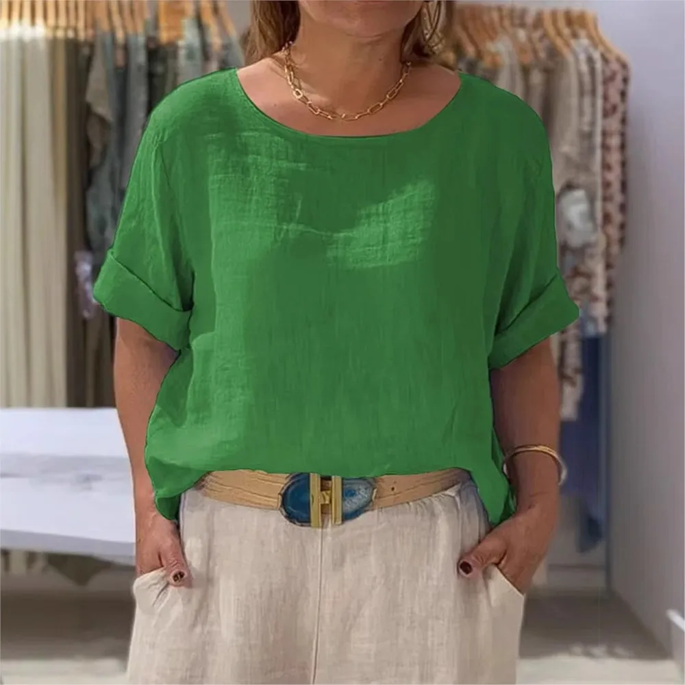 

Fashion Solid Color Cotton Linen Short-sleeved Women Pullover Shirt Summer New Simple Versatile Female Casual Short-sleeved Tops