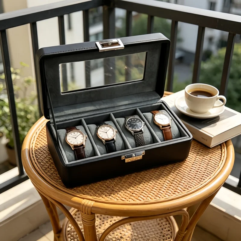 3PCS Value Set 4 Slot Leather Watch Box Lockable Watch Display Organizer with 2PCS Clear Jewelry Box for Daily Use
